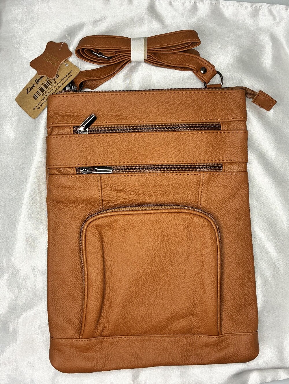 Versatile Cognac Crossbody Bag with Multiple Zipper Pockets